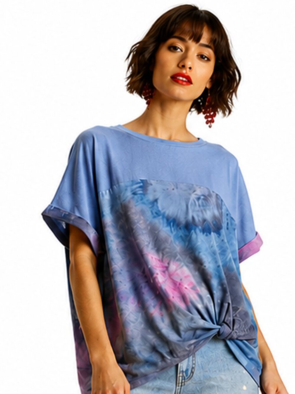 Umgee M 8 10 Blue Watercolor Hi-Low Hem Stretch Slimming Tunic Top M L